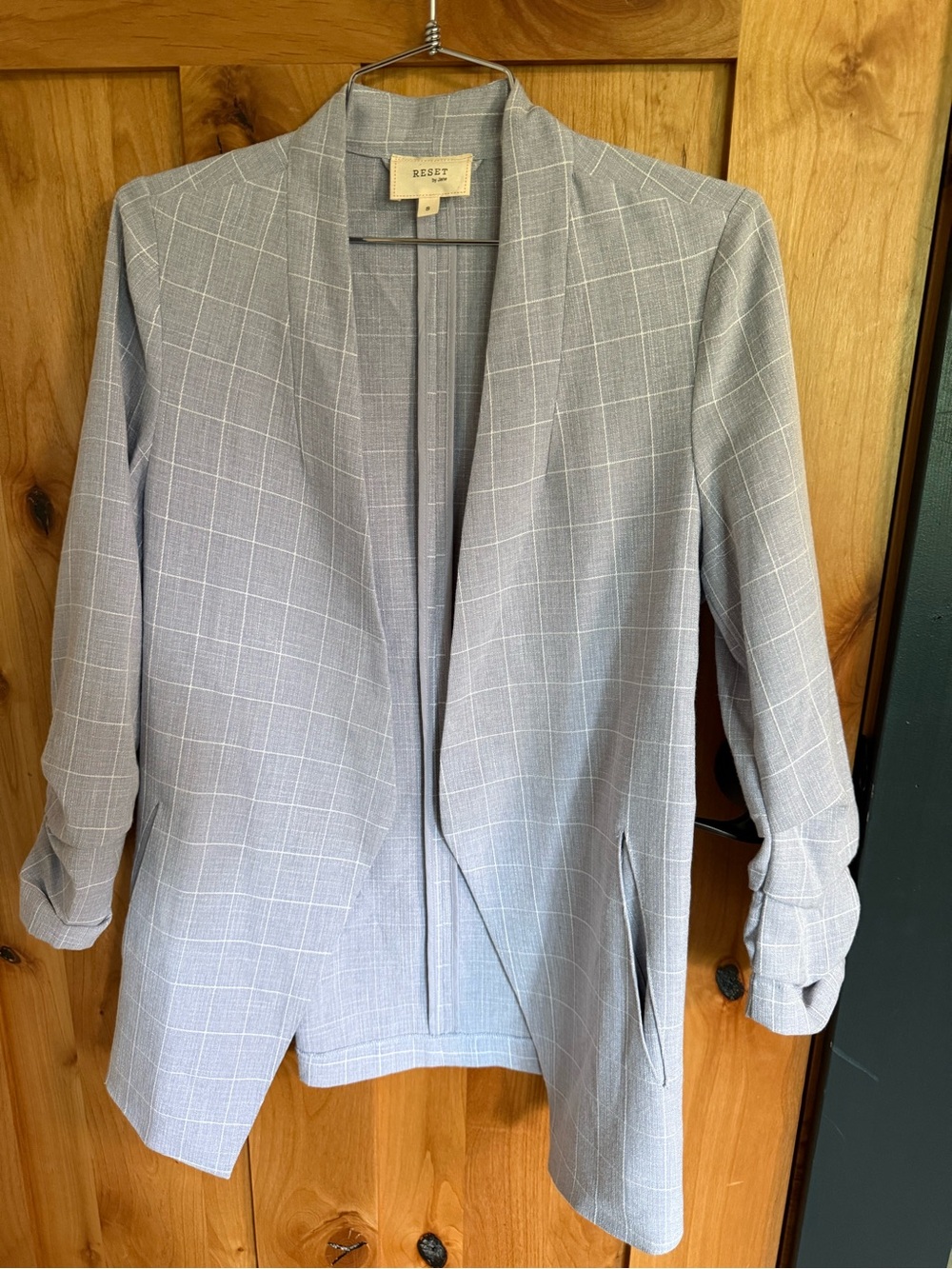 Reset by Jane Light Blue Windowpane Open Front Blazer